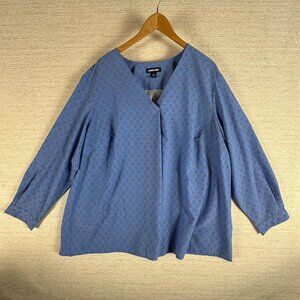 Lands End Womens 3X Blue Floral Patterned V-Neck Blouse 24W-26W Button Cuff Poly